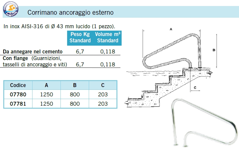Imagen di un corrimano con ancoraggio in acciaio inossidabile AISI 316 lucido